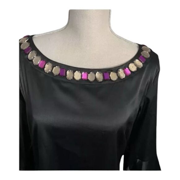 ECI New York Black Soft Satin Rhinestone Bell-Sleeve Blouse Size L Stretch Zip - Picture 3 of 12